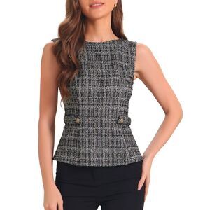 Plaid Print Crew Neck Waist Buckle Back Zipper Blazer Vest Black